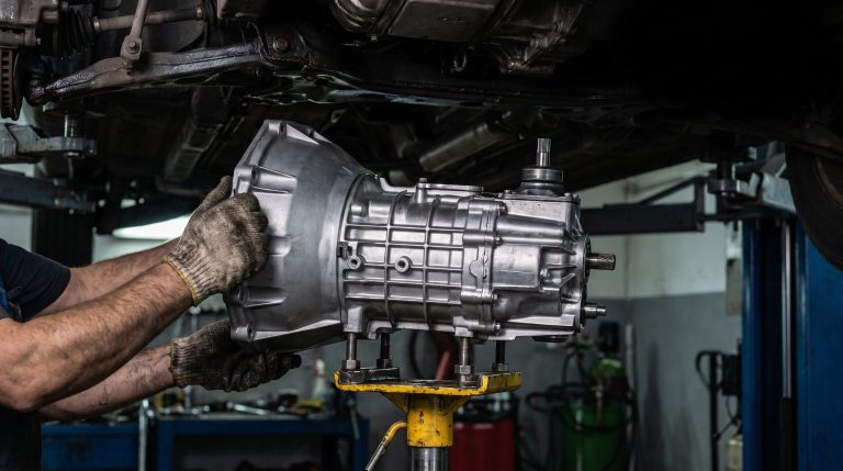 Mechanic installing a car transmission